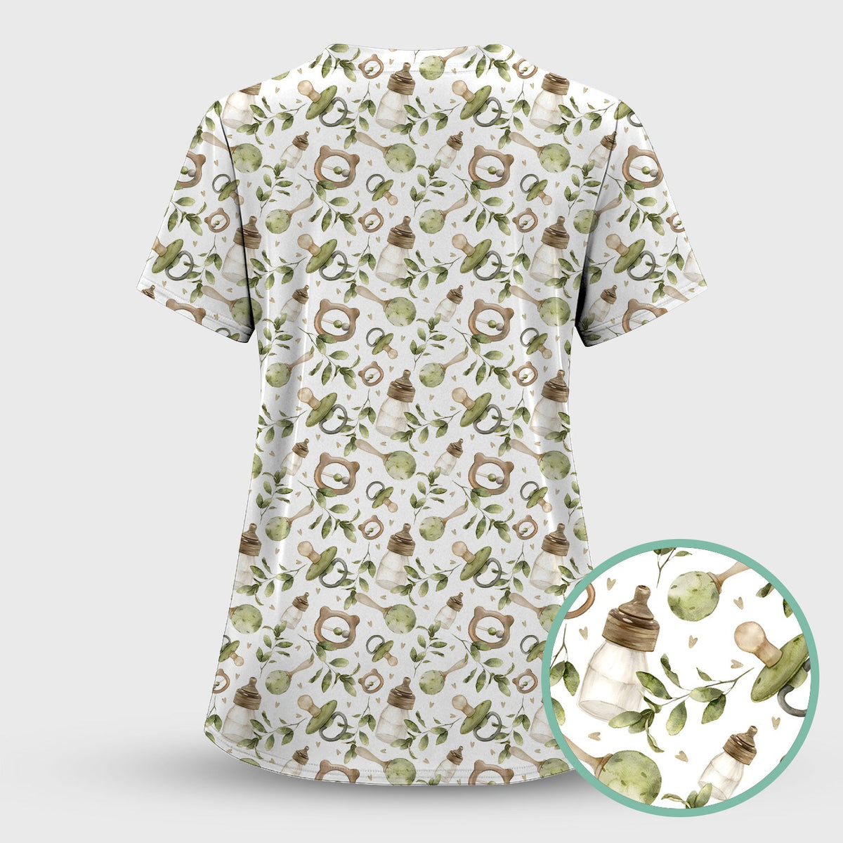 Cute Baby Bottle Greenery Nurse Scrub Set