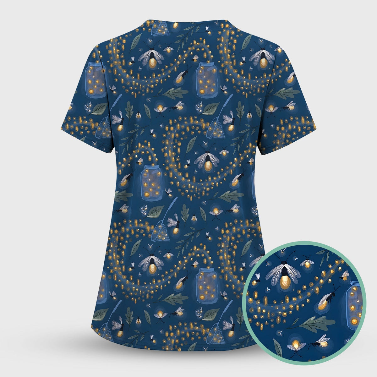 Cute Nurse Firefly Pattern Scrub Set, Scrub Pants and V Neck Top