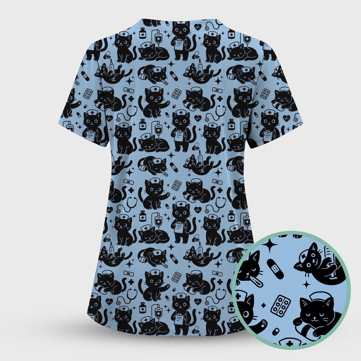 Cute Black Cat Nurse Pattern Scrub Top, Breathable Fabrics Nursing Uniform