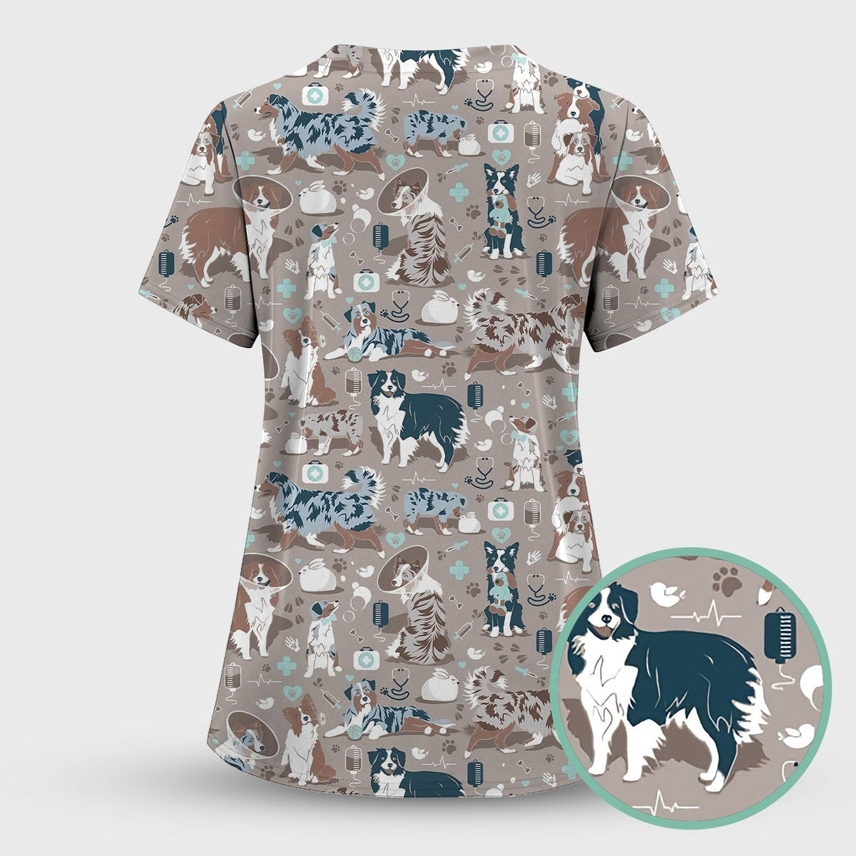 Cute Dog Pattern Women's Veterinary Scrub Set, Scrub Pants and V Neck Top