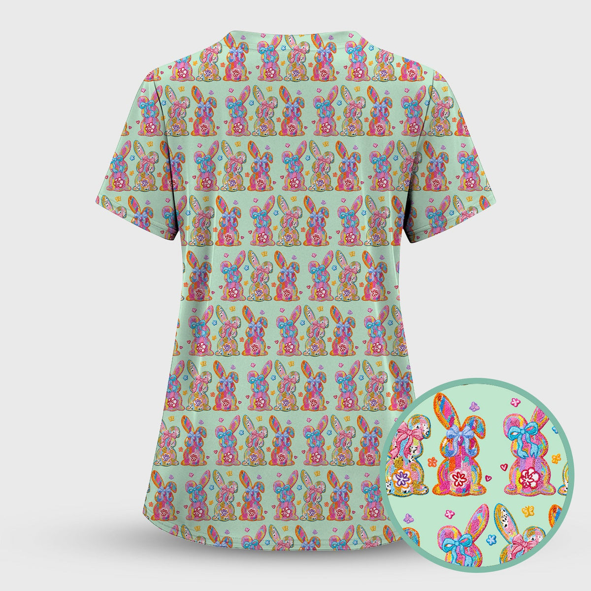 Cute Pastel Bunny Floral Pattern Scrub Top, Comfortable Scrubs for Nurses, Easter
