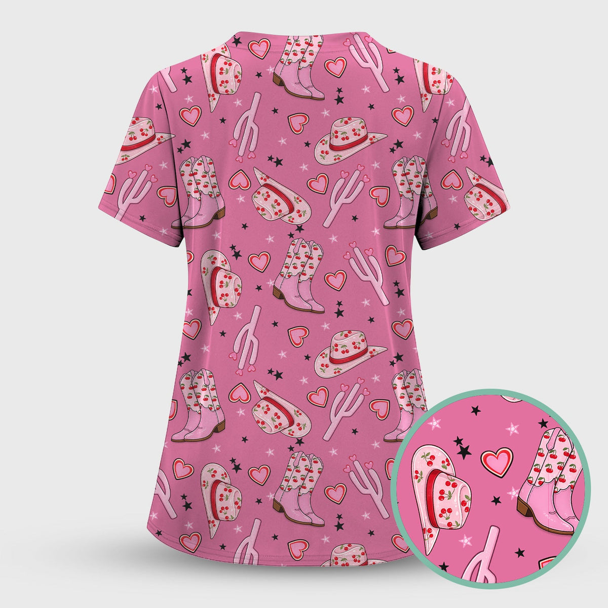 Pink Cowgirl Western Boots Hat Pattern Scrub Set, Scrub Pants and V Neck Top