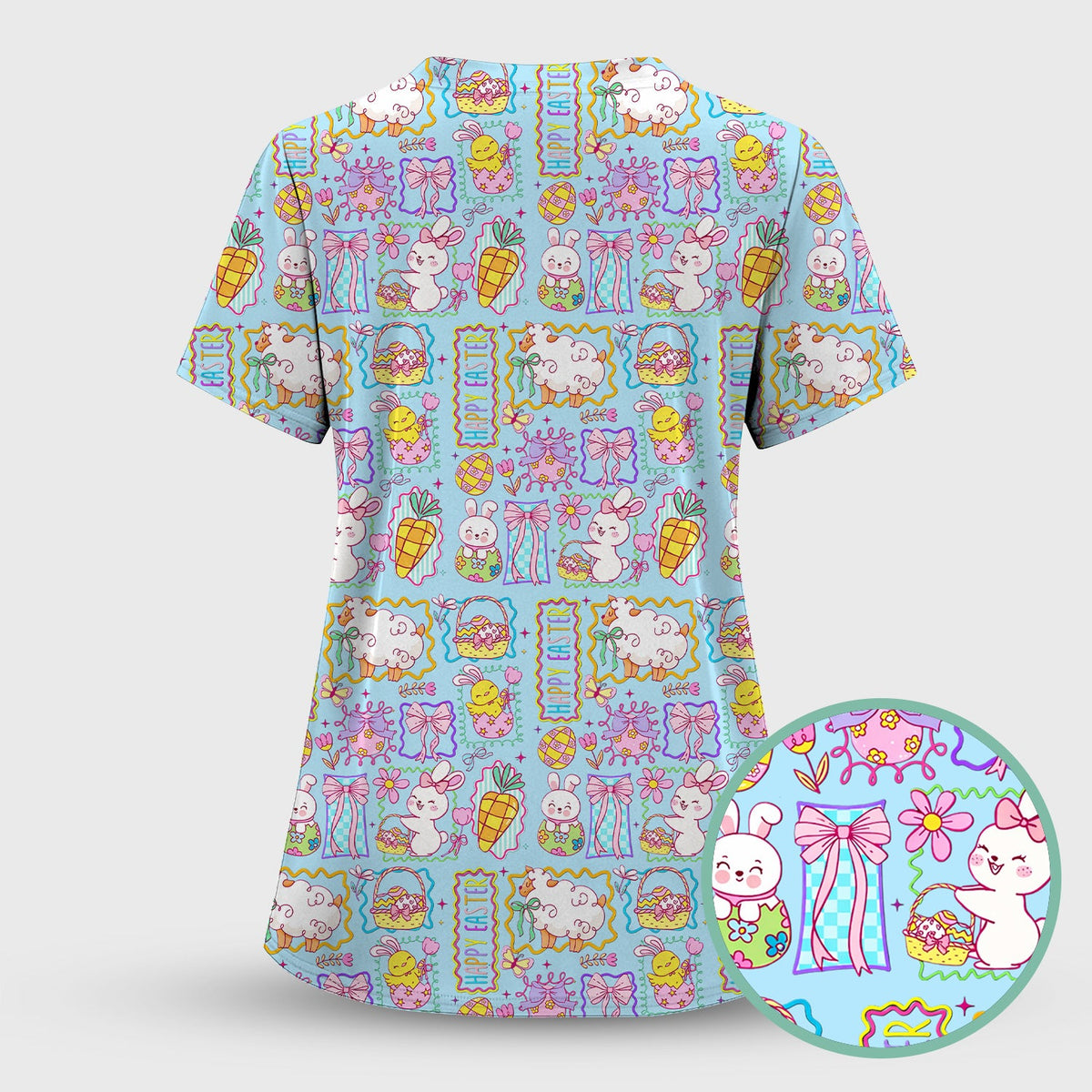 Cute Easter Bunny Egg and Bow Print Scrub Set, Scrub Pants and V Neck Top
