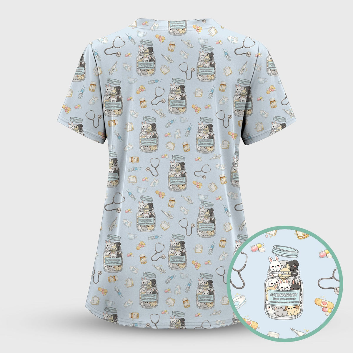Whimsical Antidepressant Rabbit Jar Nurse Scrub Top