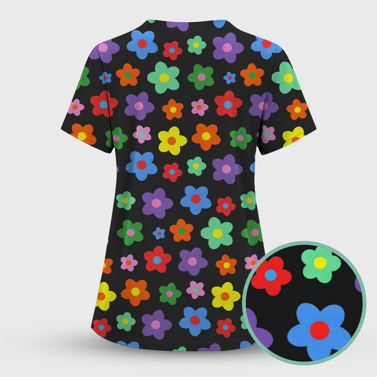 Colorful Retro Flower Nurse Scrub Top