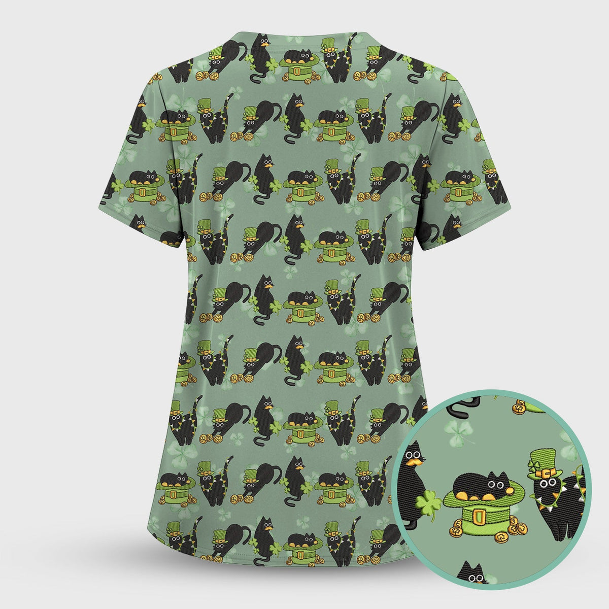 St Patrick Black Cat Clover Nurse Scrub Top