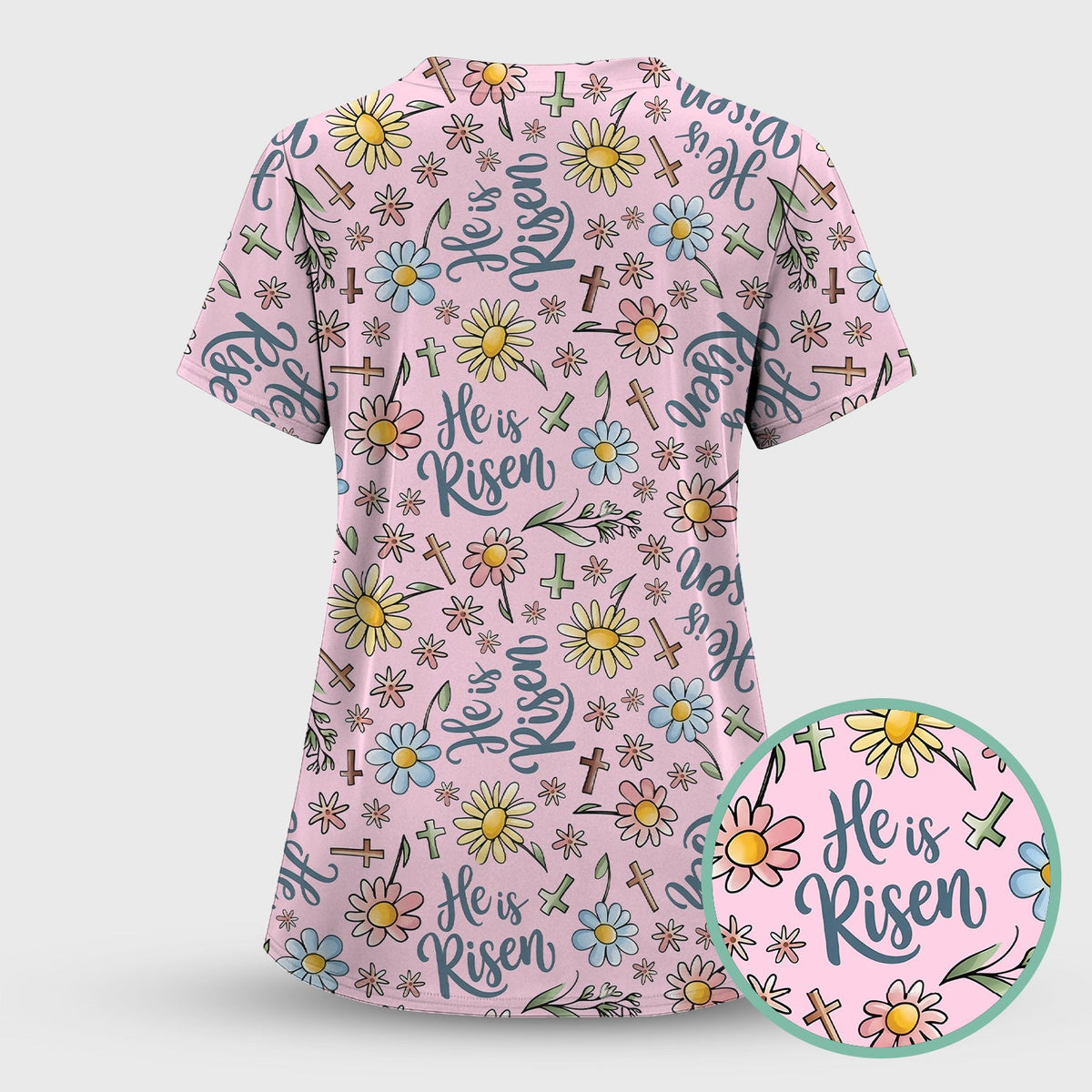 Risen Cross Flower Nurse Scrub Top - Easter Gift