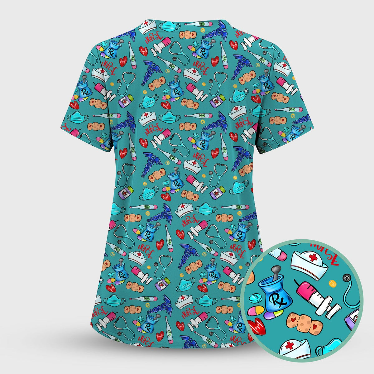 Nurse Medical Icons Stethoscope Heart Pattern Scrub Top, Comfortable Scrubs for Nurses
