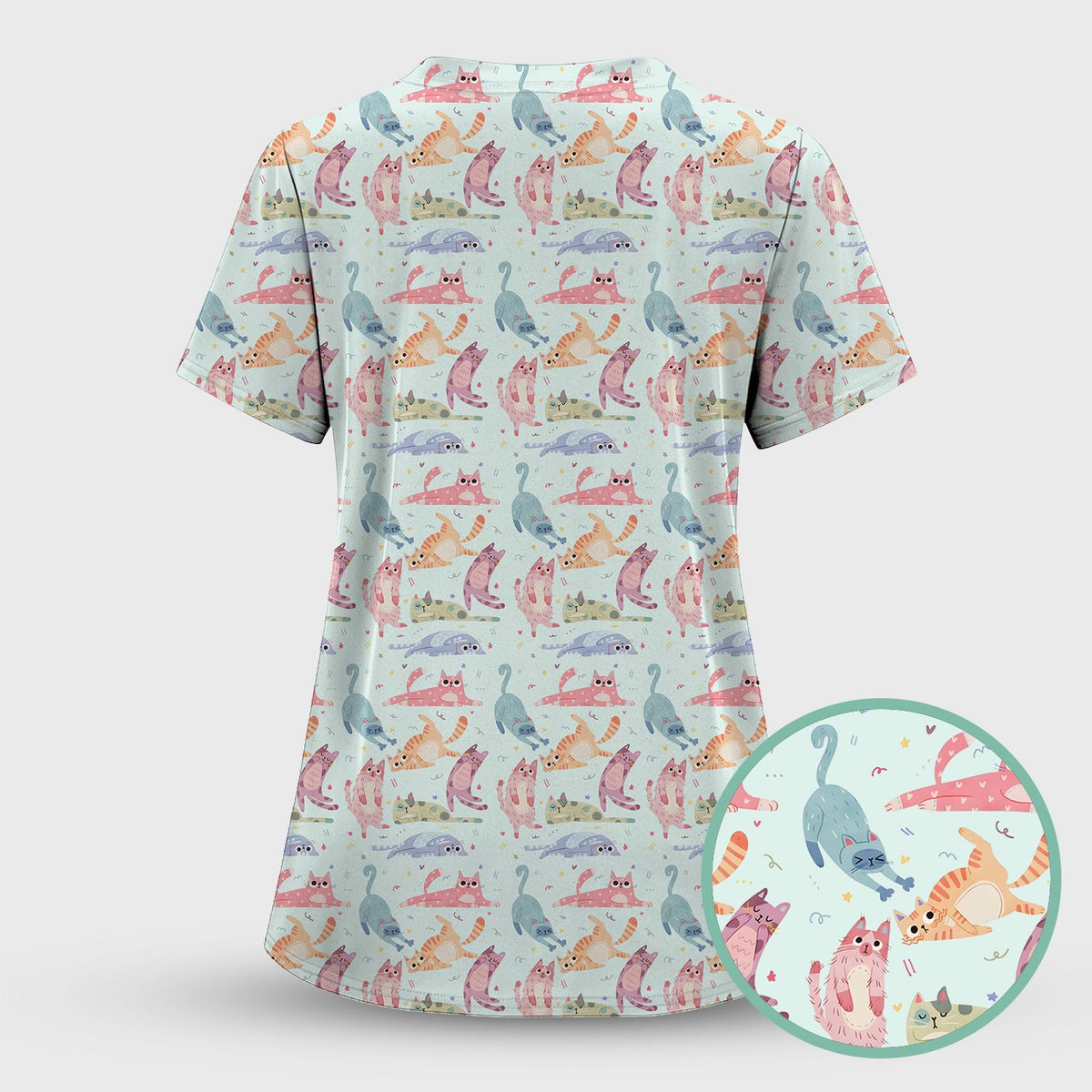 Funny Pastel Cat Pattern Medical Scrub Set, Breathable Fabrics Nursing Uniform