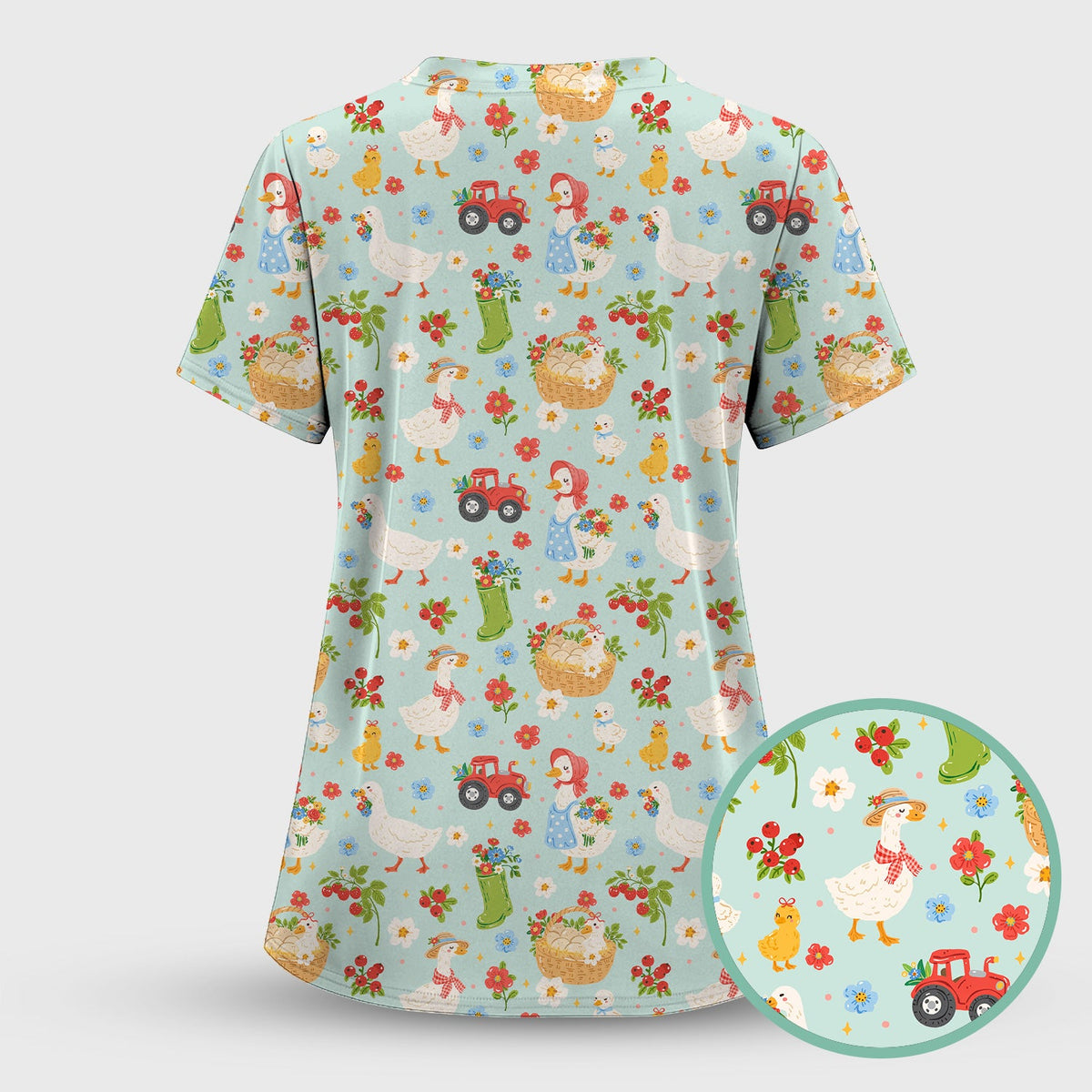 Farm Duck Chicken Tractor Flower Basket Nurse Scrub Top