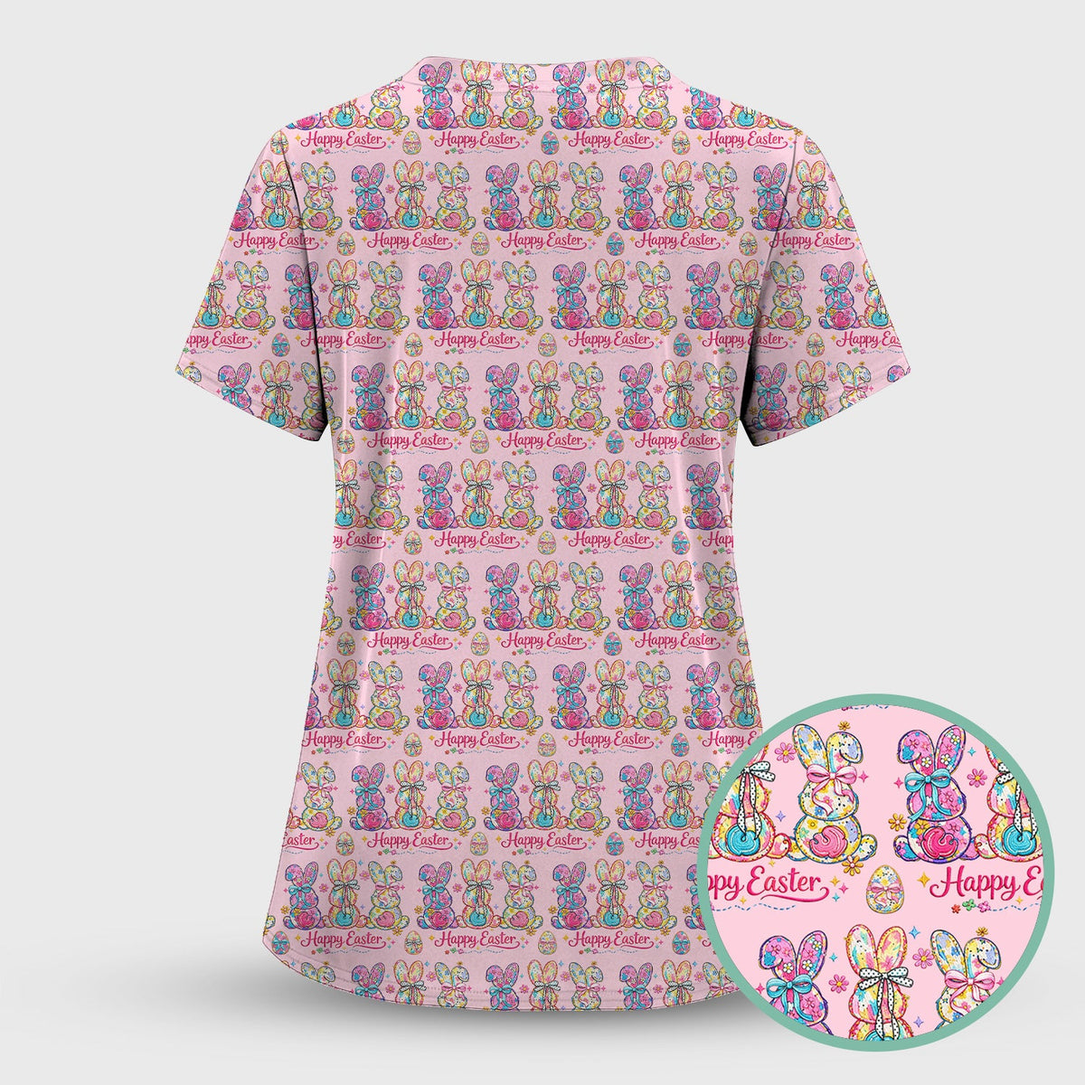 Pink Happy Easter Bunny Pattern Scrub Top, Comfortable Scrubs for Nurses