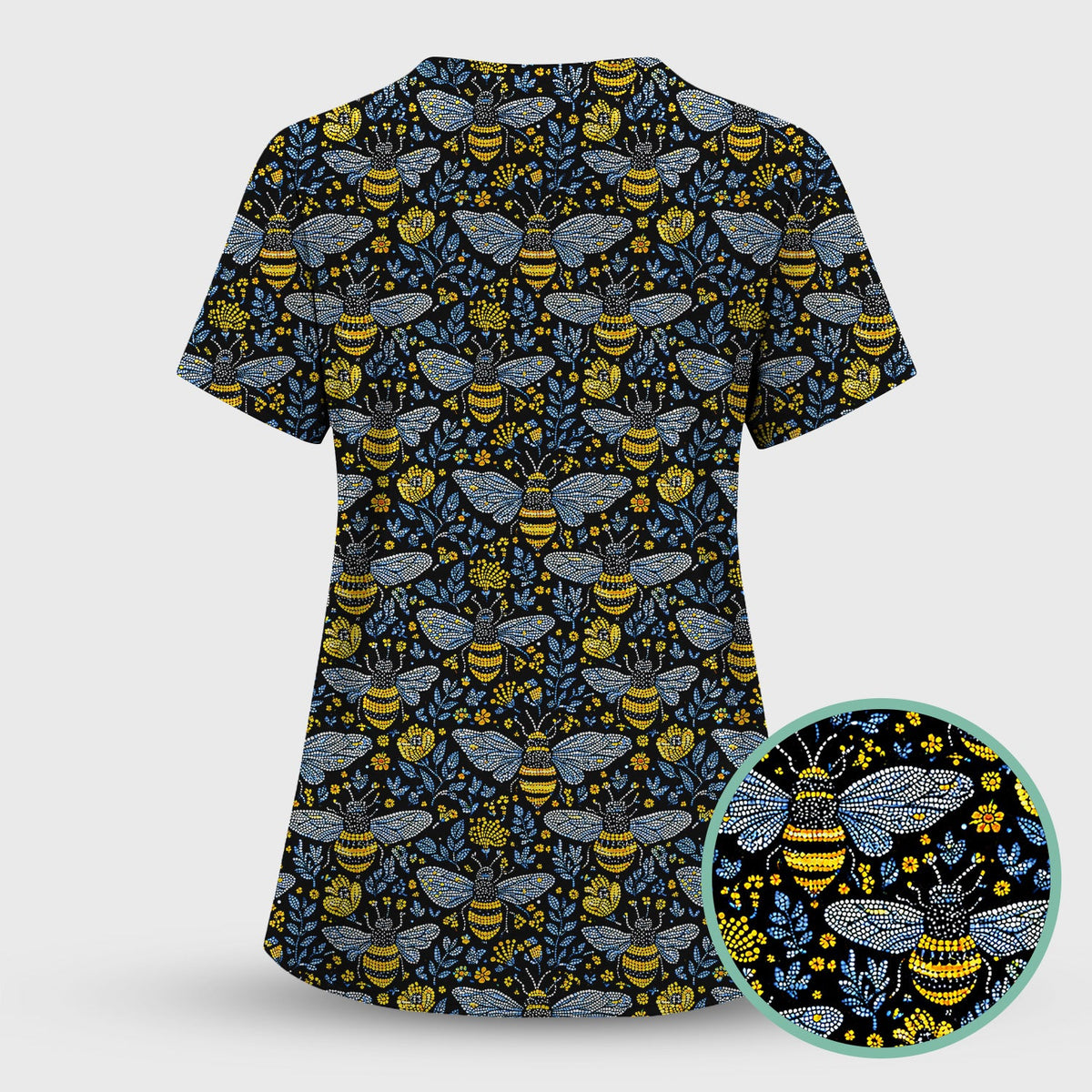Honey Bee And Wildflower Garden Pattern Scrub Top, Comfortable Scrubs for Nurses