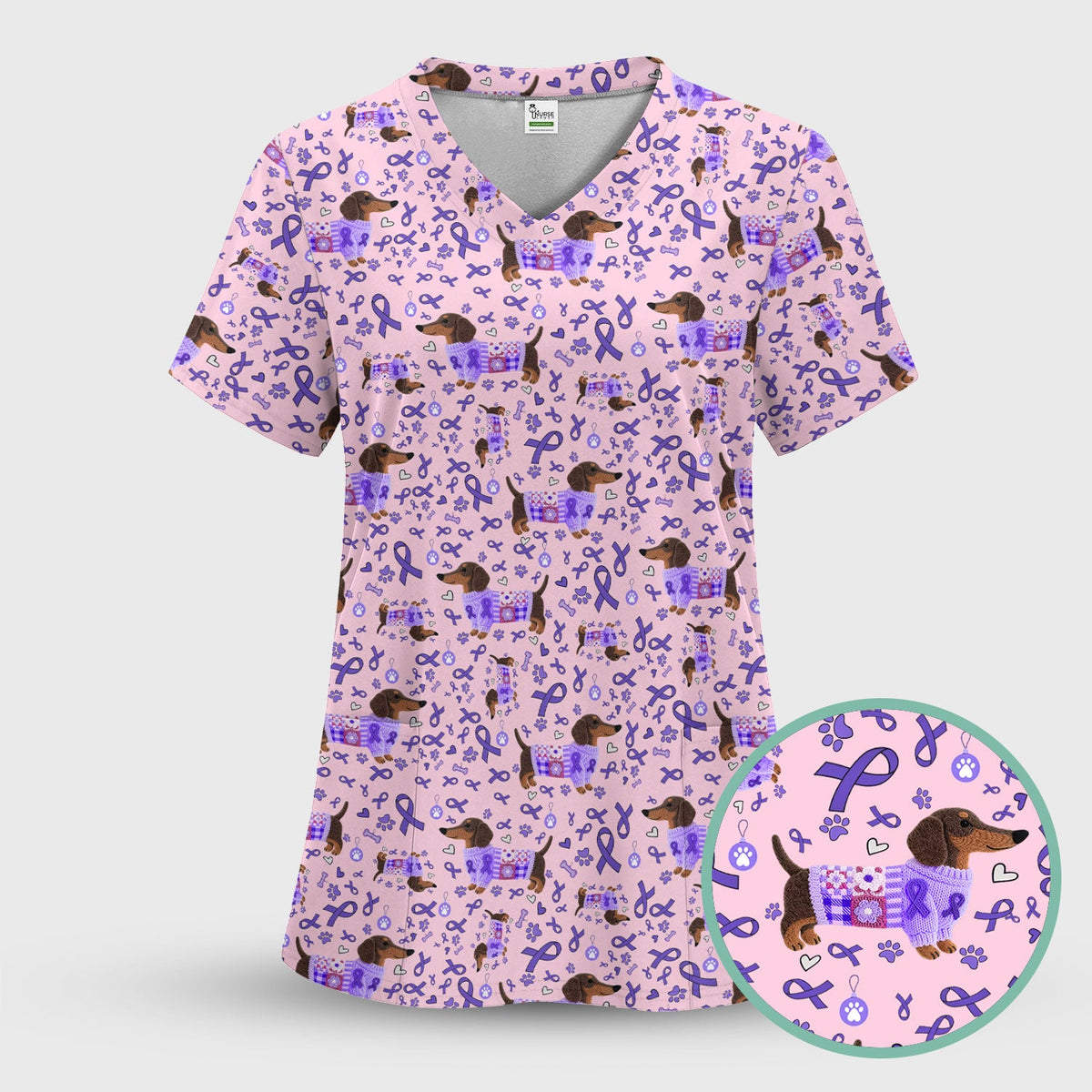Purple Ribbon Dachshund Nurse Scrub Top