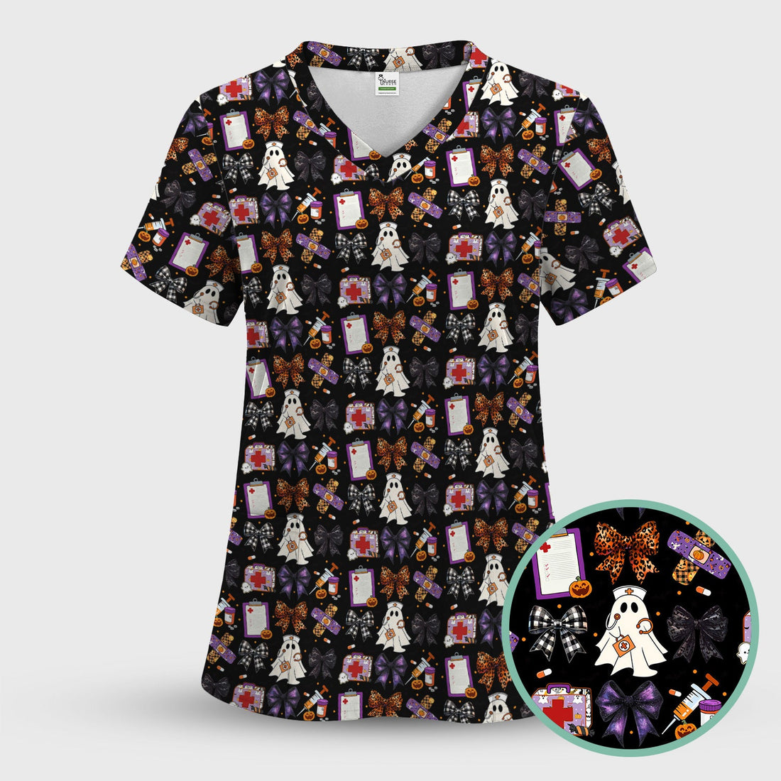 Ghost Leopard Bow Nurse Scrub Top - Halloween Gift