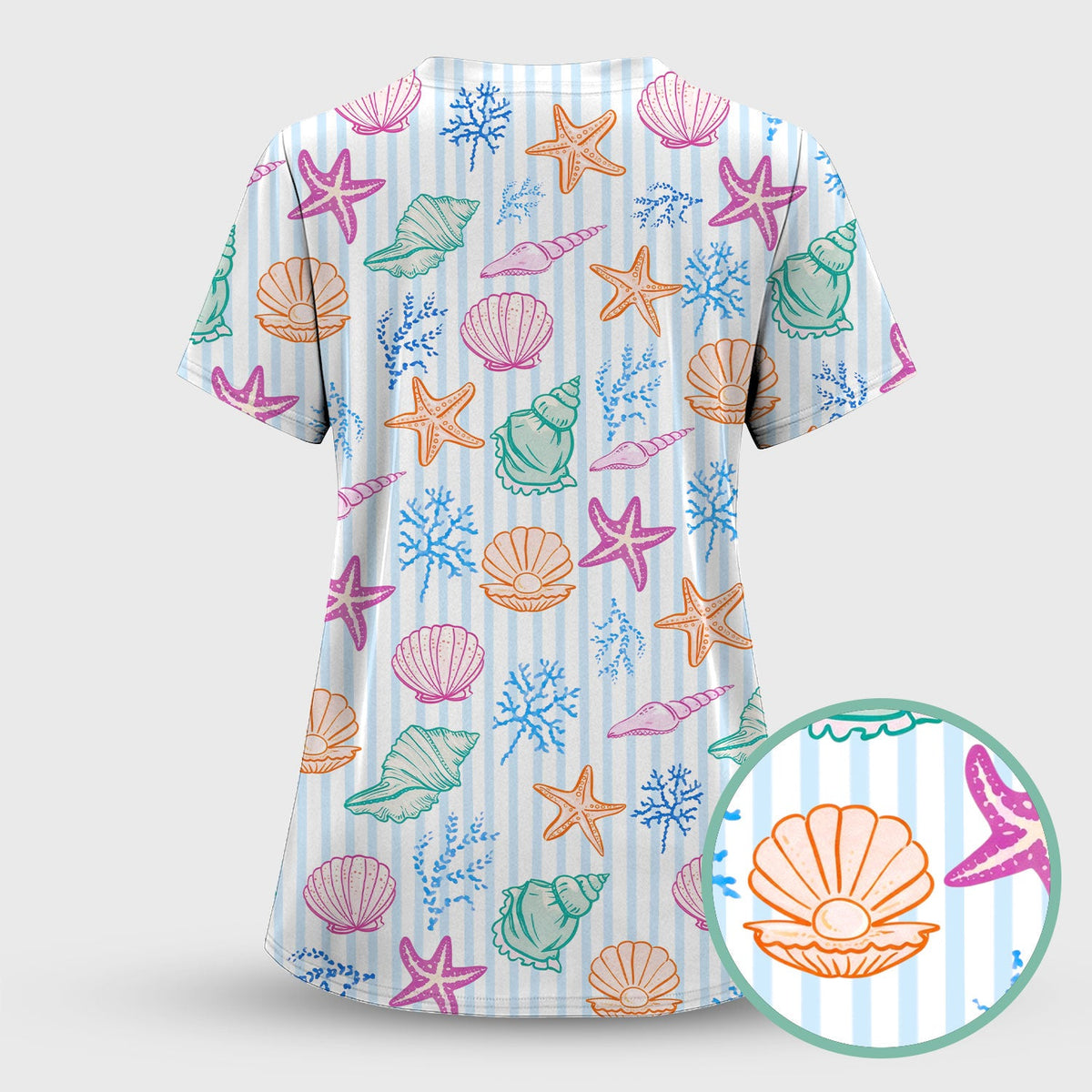 Colorful Seashell Starfish Ocean Stripe Nurse Scrub Top
