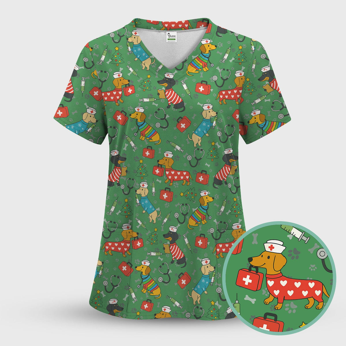 Christmas Dachshund Nurse Scrub Top