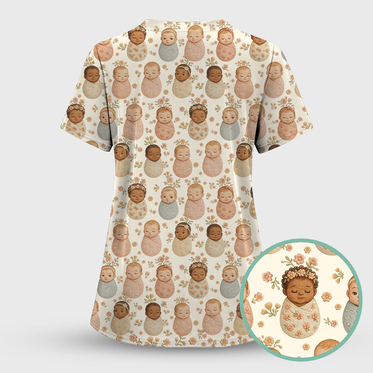 Sweet Newborn Baby Floral Print Women's Scrub Set, Breathable Med Uniform