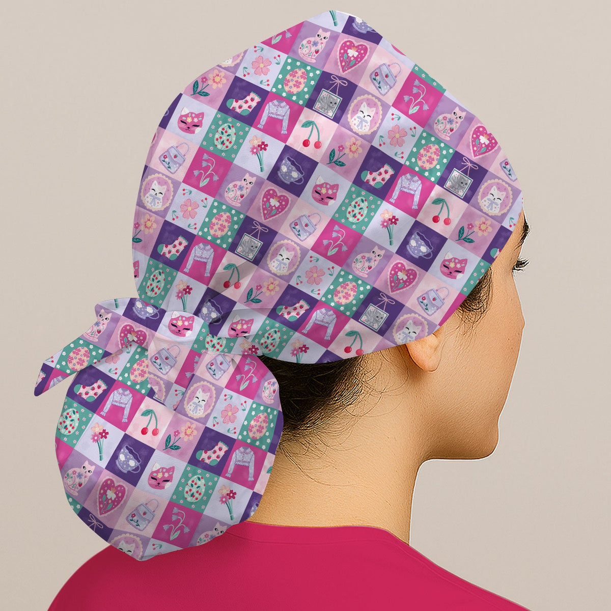 Pastel Cat Patchwork Nurse Scrub Cap