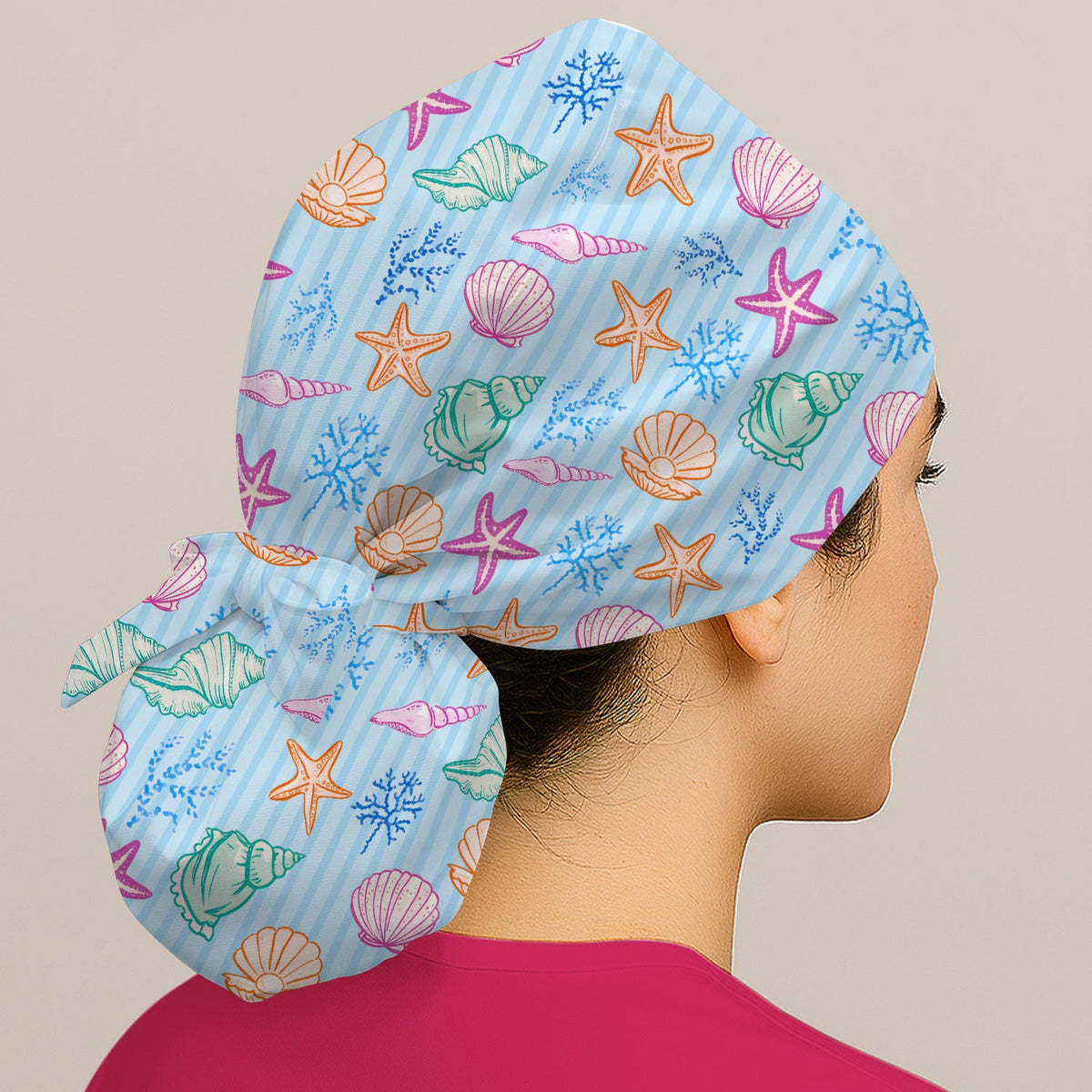 Colorful Seashell Starfish Ocean Stripe Scrub Cap