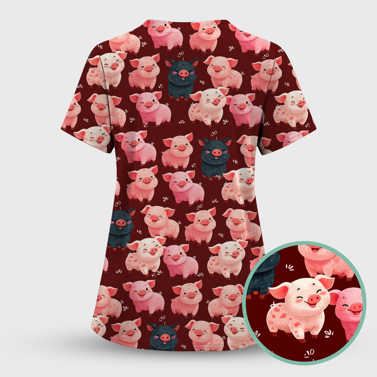 Funny Farm Pig Cartoon Pattern Scrub Set, Nurse Uniform Scrubs Set
