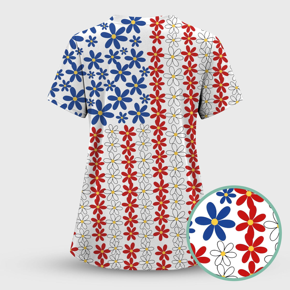 Retro Red Blue Daisy Nurse Scrub Set