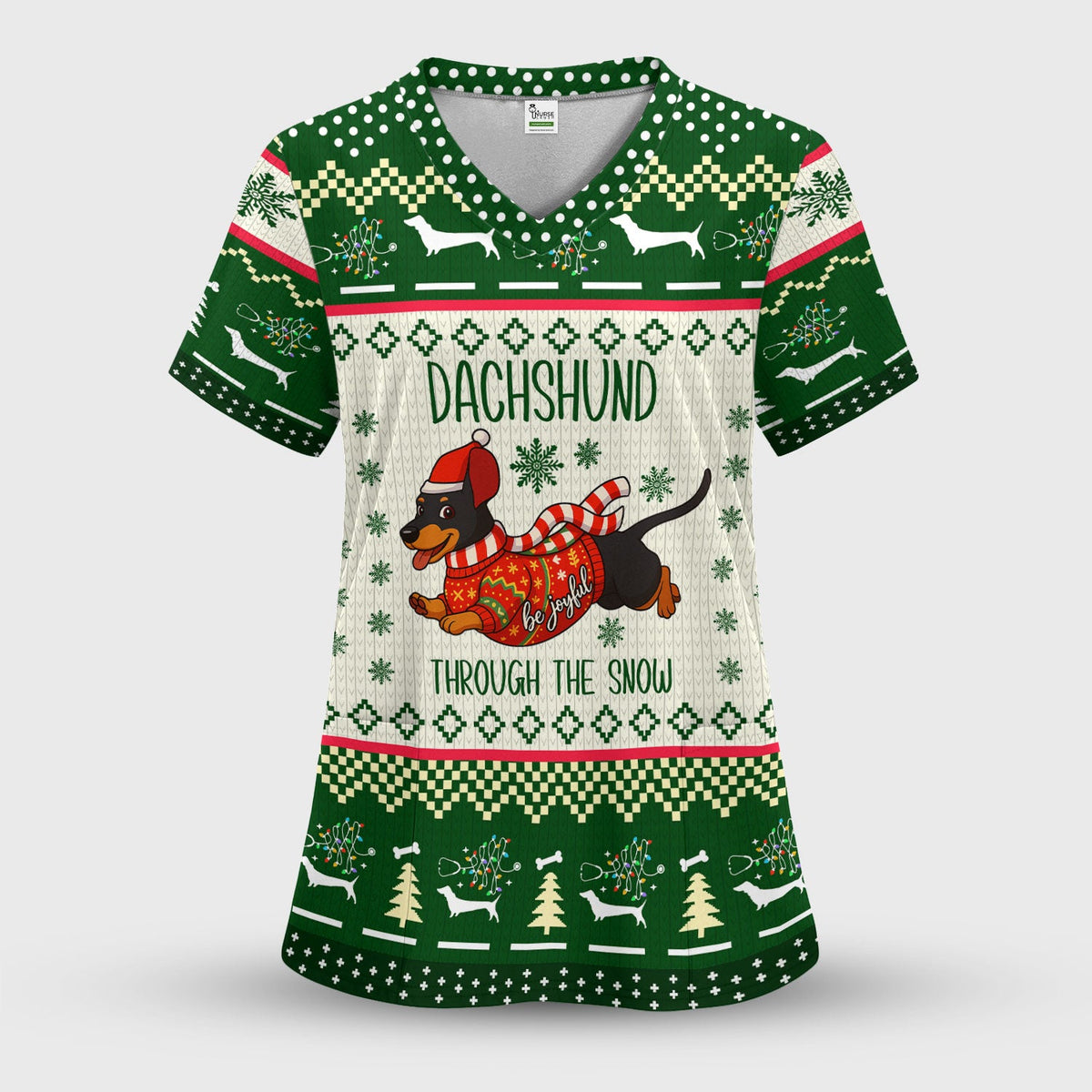 Wiener Dog Through The Snow Christmas Nurse Scrub Top