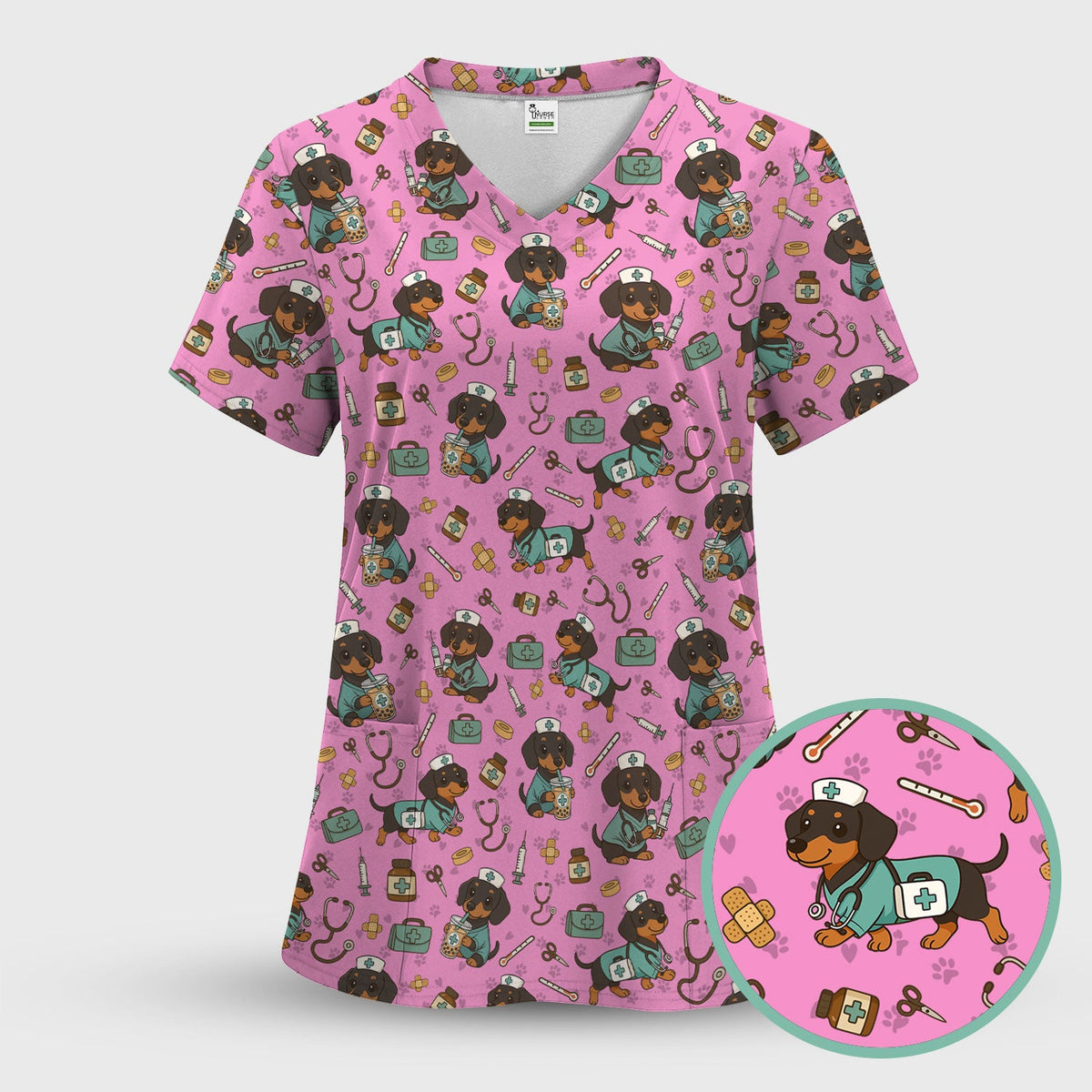 Funny Dachshund Nurse Scrubs Set - Cute Dog Print Medical Shirt - Holiday Nurse Scrub Top Gift for RN CNA Doctor, Women & Men