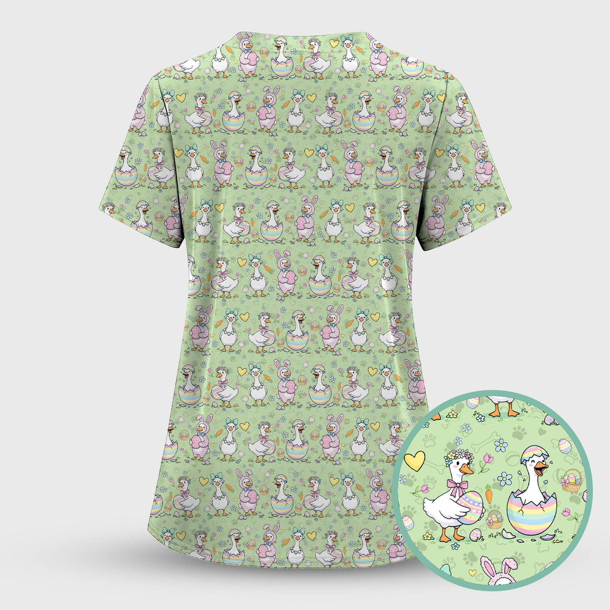 Pastel Easter Goose Bunny Egg Pattern Scrub Top, Comfortable Scrubs for Nurses
