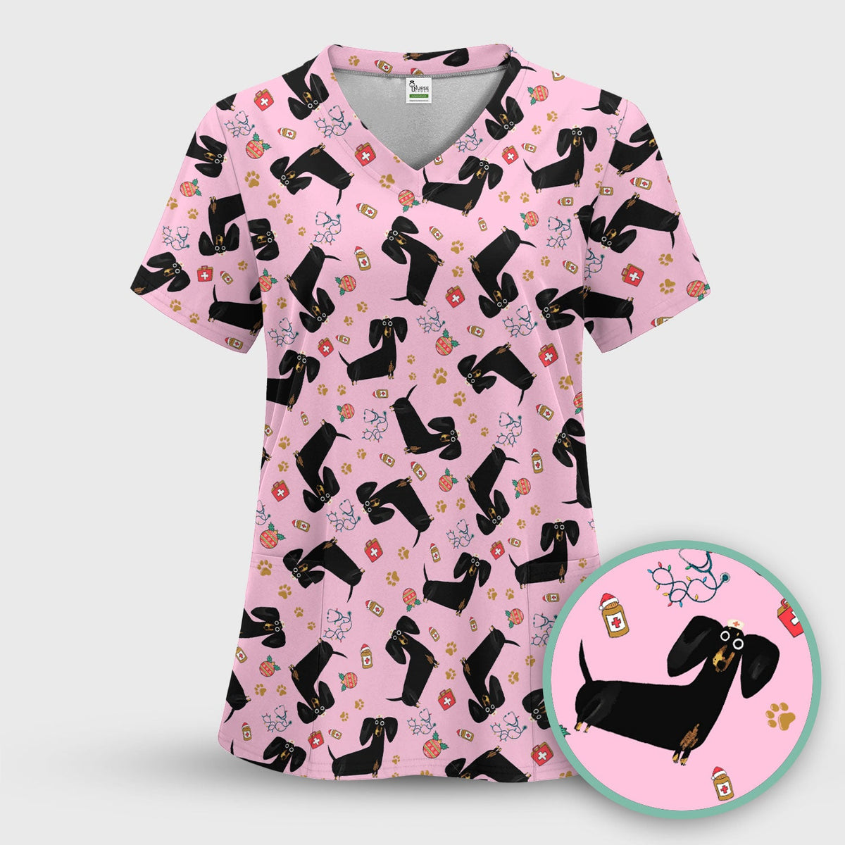 Black Dachshund Nurse Scrub Top - Gift For Dog Lover