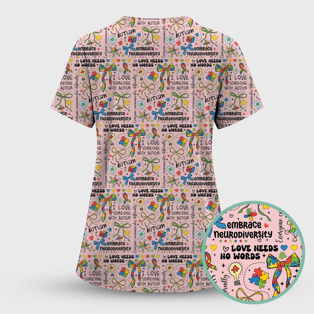 Autism Awareness Puzzle Ribbon Pastel Nurse Scrub Top