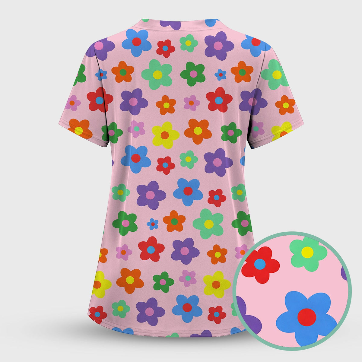 Colorful Retro Flower Nurse Scrub Top