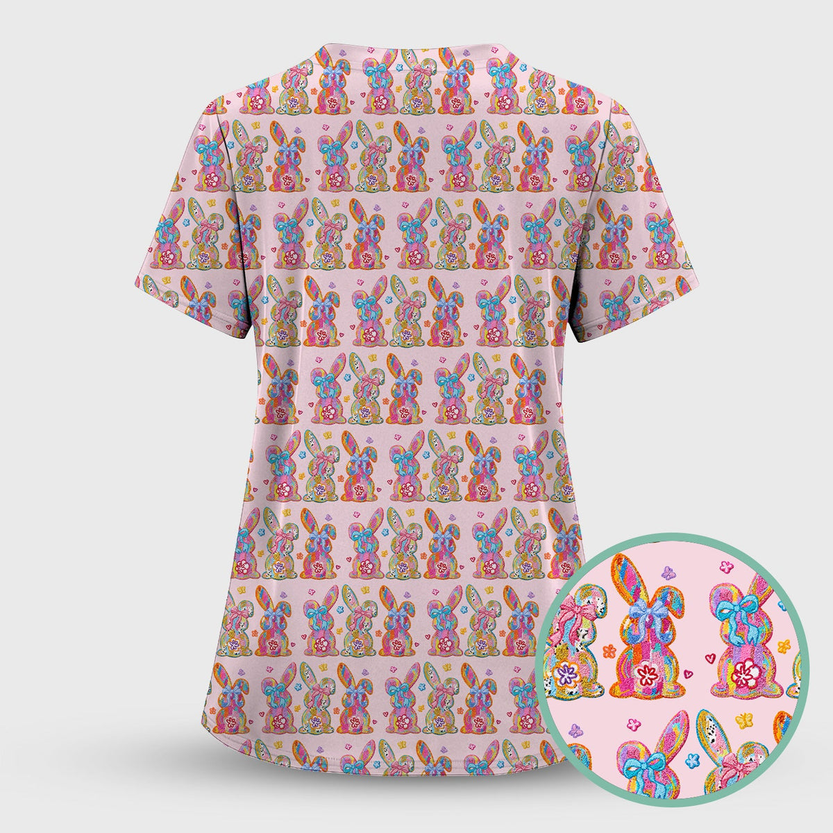 Cute Pastel Bunny Floral Pattern Scrub Top, Comfortable Scrubs for Nurses, Easter