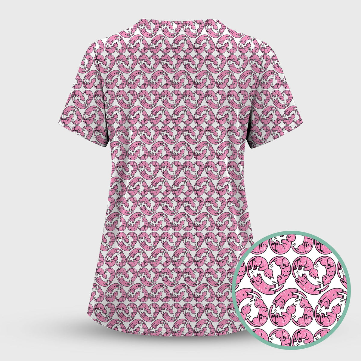Pink Cat Cartoon Nurse Scrub Set