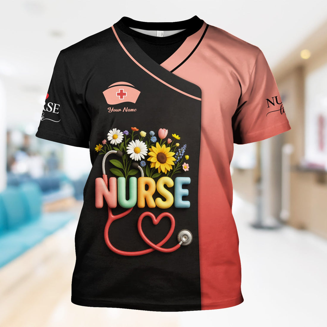 Personalized Colorful Floral Daisies Nurse Shirt