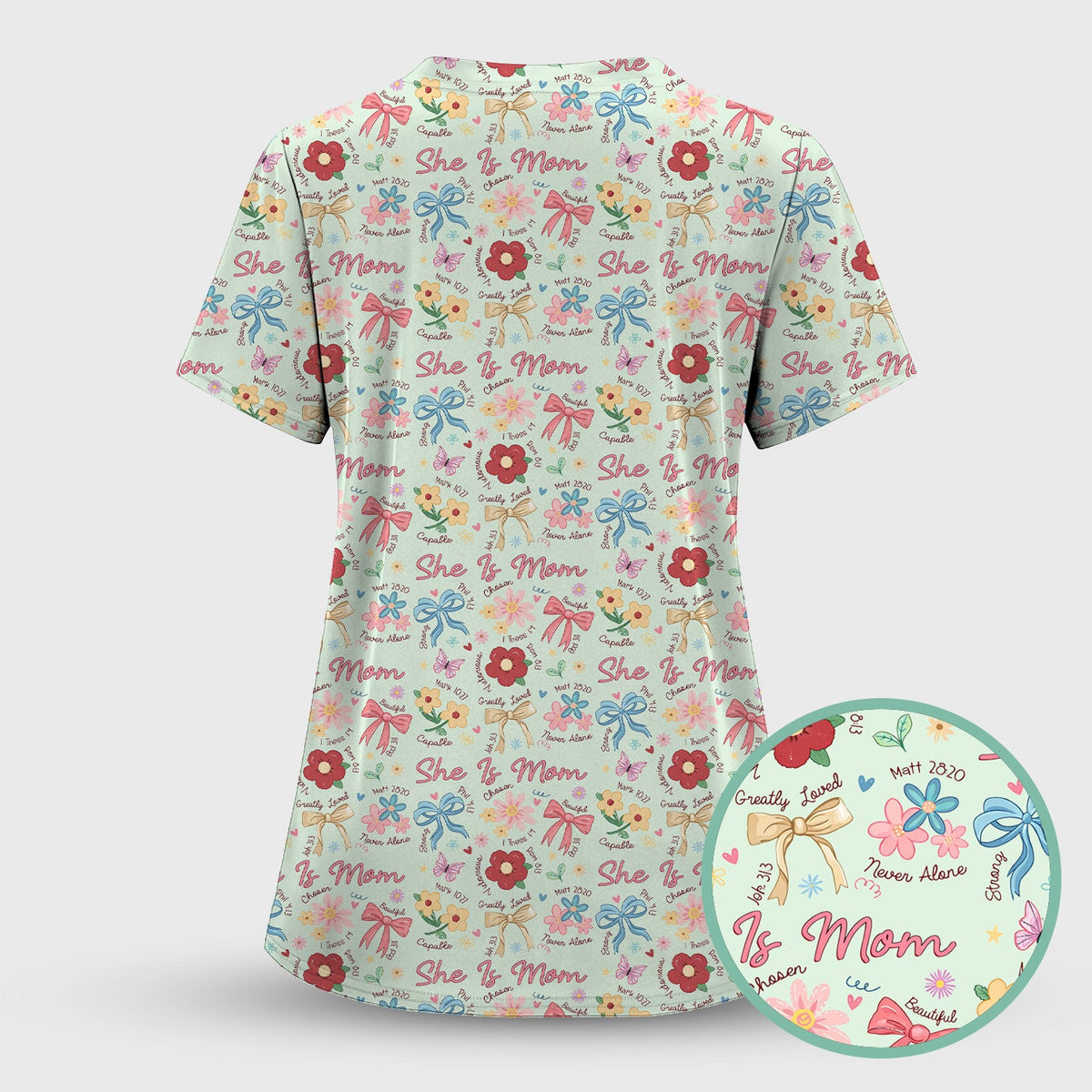 She Is Mom Flower Bow Nurse Scrub Set