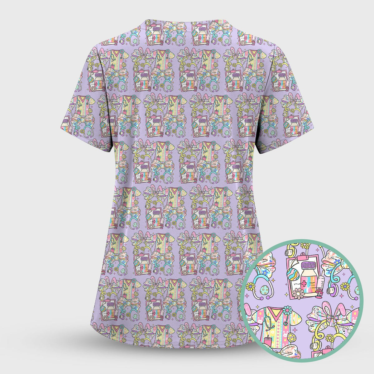 Colorful Nurse Scrub Supplies Pattern Scrub Top, Breathable Fabrics Nursing Uniform