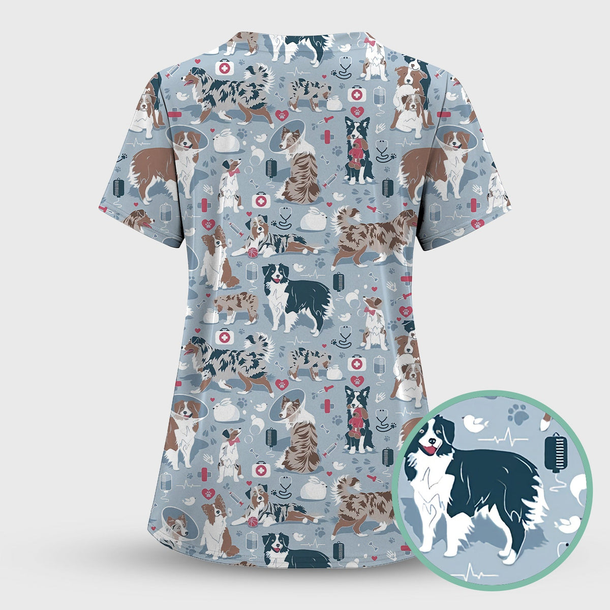 Cute Dog Pattern Women's Veterinary Scrub Set, Scrub Pants and V Neck Top