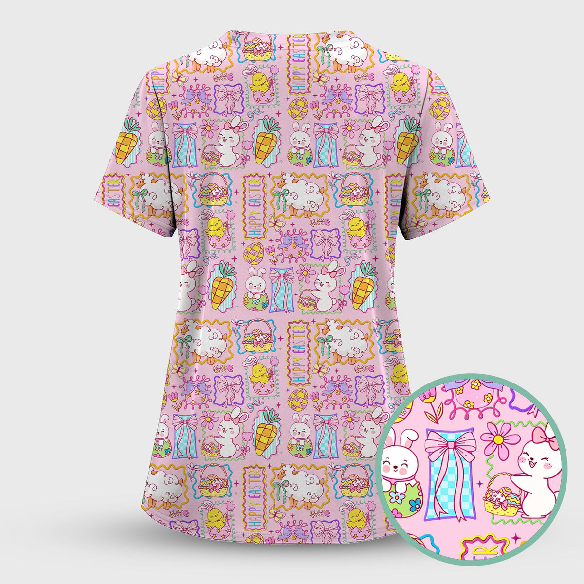 Cute Easter Bunny Egg and Bow Print Scrub Set, Scrub Pants and V Neck Top