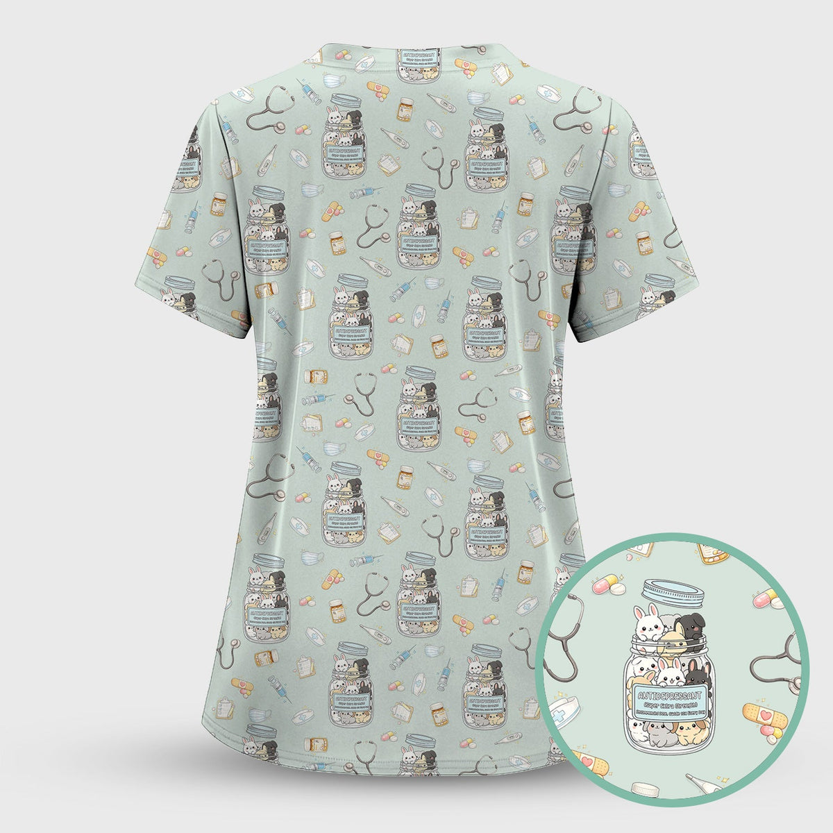 Whimsical Antidepressant Rabbit Jar Nurse Scrub Set