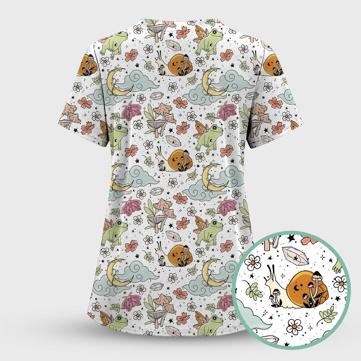 Whimsical Frog Moon Mushroom Nurse Scrub Top