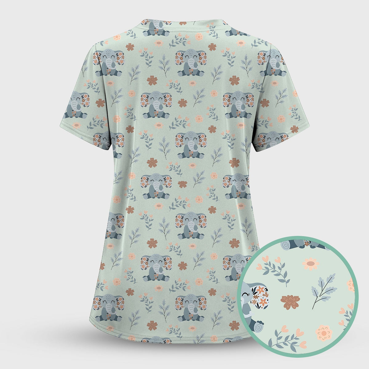 Cute Elephant Floral Print Scrub Set, Scrub Pants and V Neck Top
