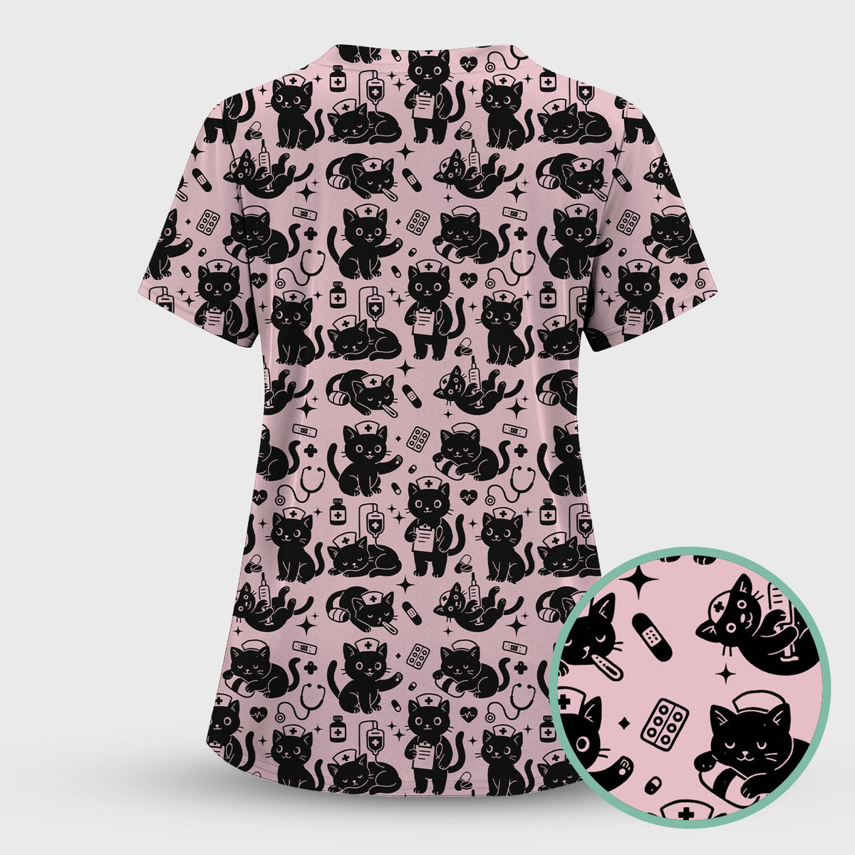 Cute White Black Cat Nurse Scrub Set