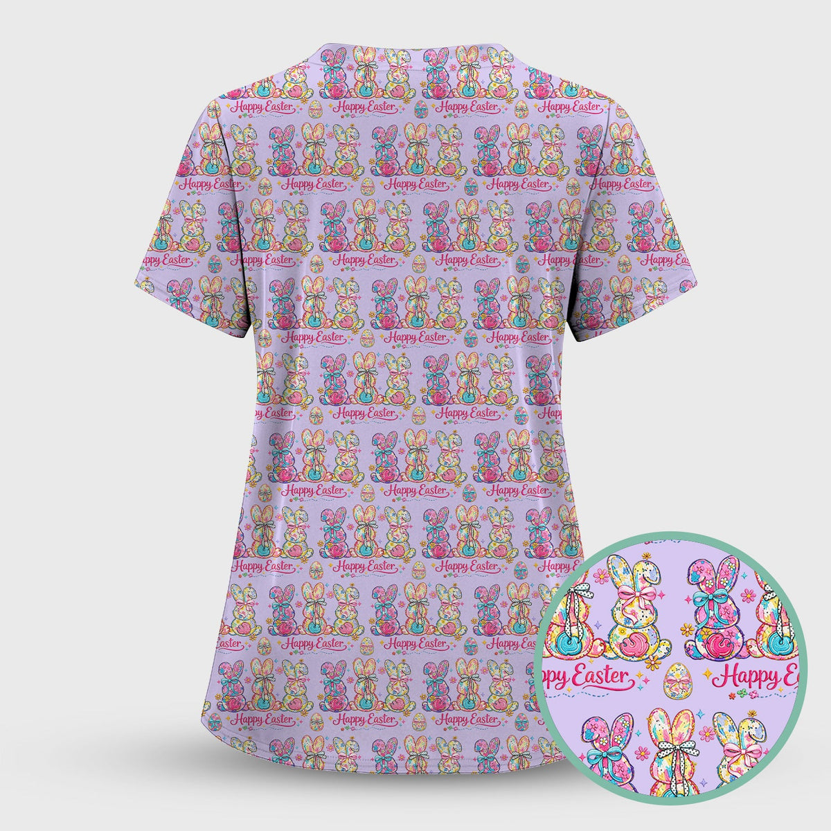 Pink Happy Easter Bunny Pattern Scrub Top, Comfortable Scrubs for Nurses