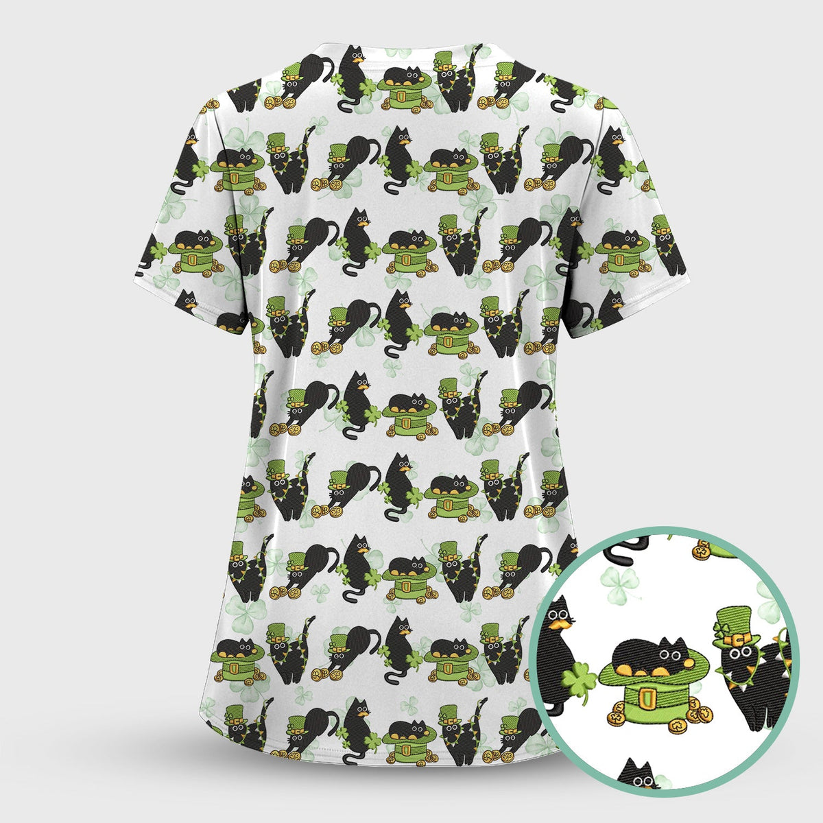 St Patrick Black Cat Clover Nurse Scrub Top