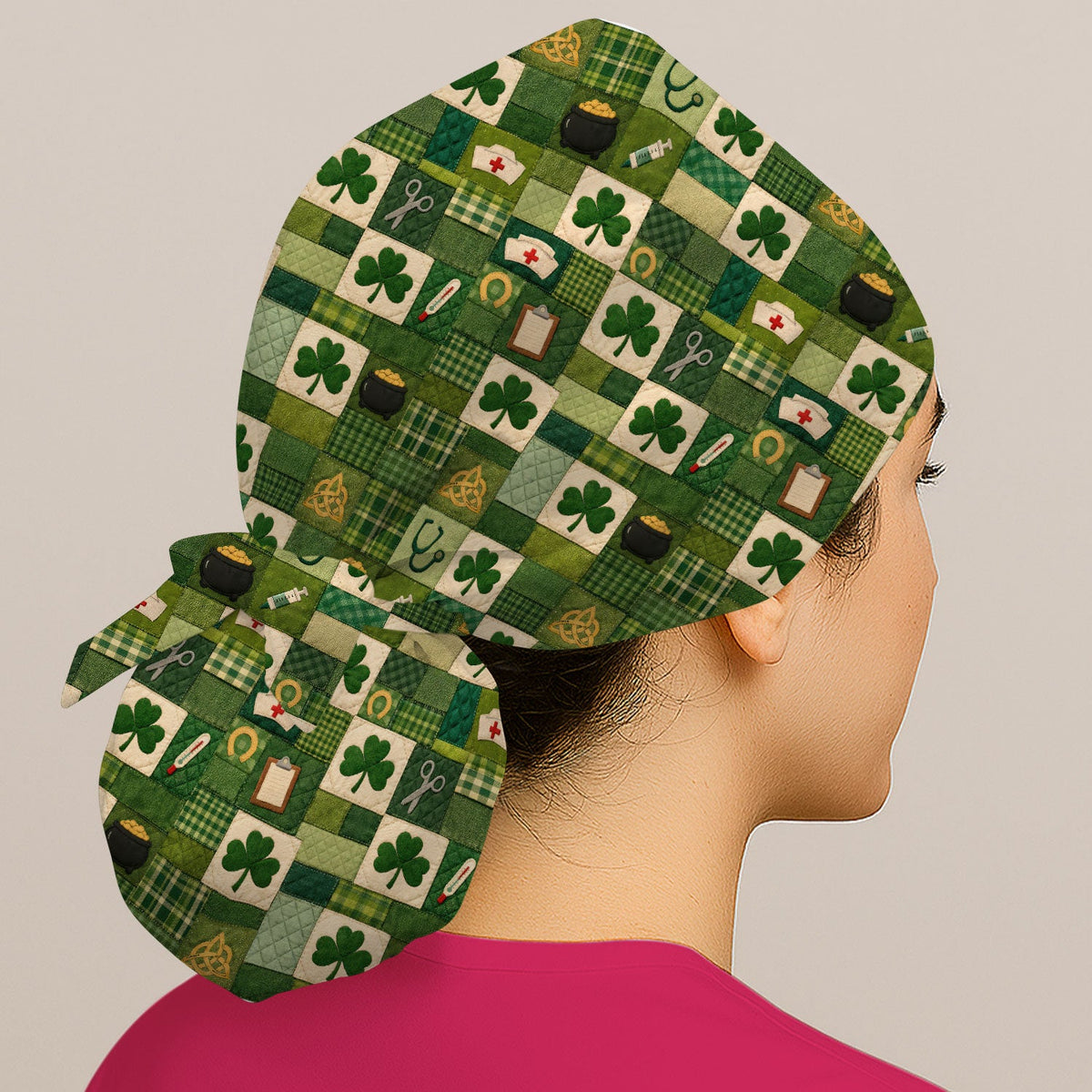 St Patrick Patchwork Shamrock Scrub Cap