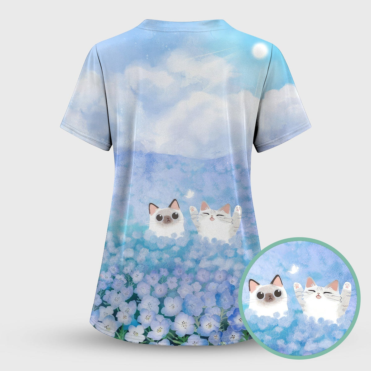 Dreamy Cat Cloud Hydrangea Nurse Scrub Top