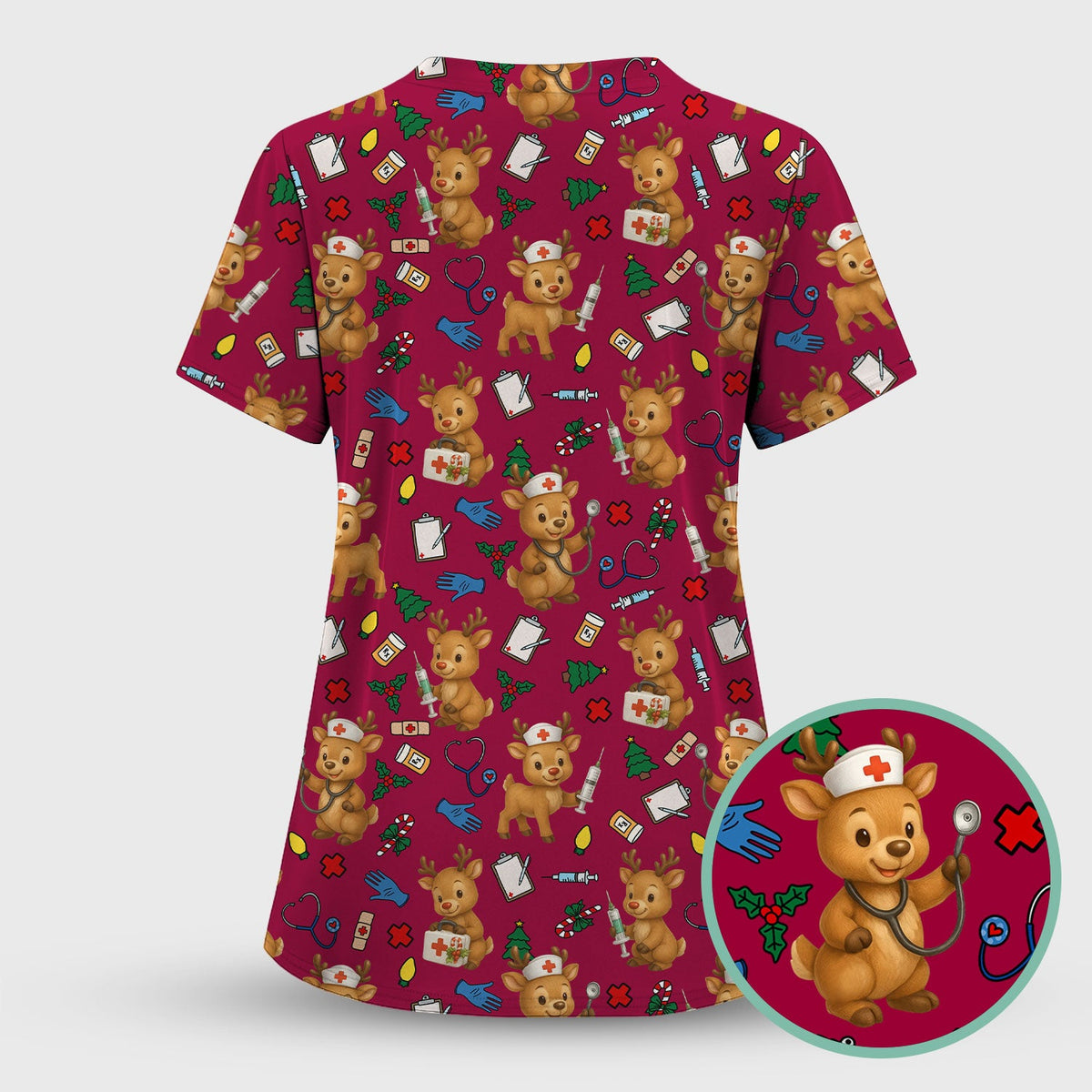 Christmas Scrub Tops and Pants - Reindeer Pattern Nurse Scrub Set - Cute Holiday Medical Print Scrubs for Women RN LPN CNA