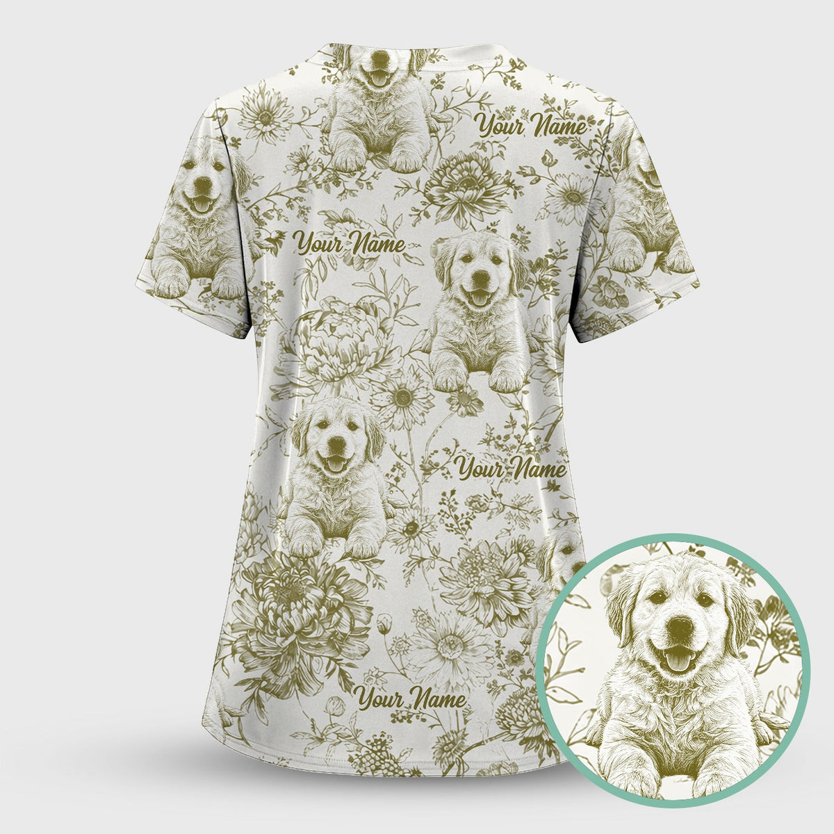 Personalized Pet Photo Floral Nurse Scrub Top