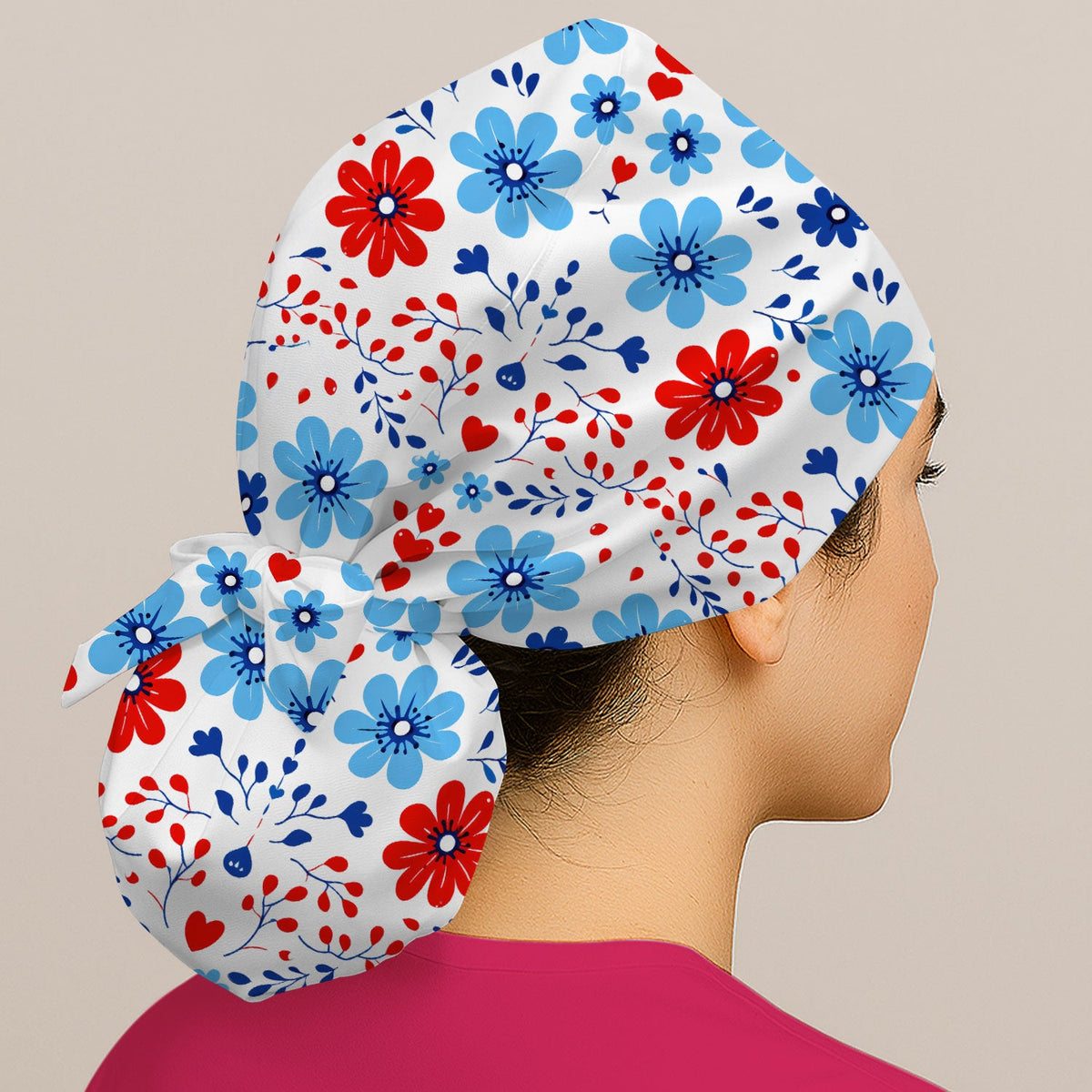 Symmetrical Folk Floral Heart Scrub Cap
