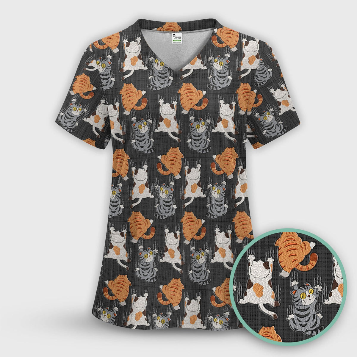 Cute Cat Pattern Nurse Scrub Top, Cats Medical Pattern Shirt, Breathable Fabrics Nursing Uniform